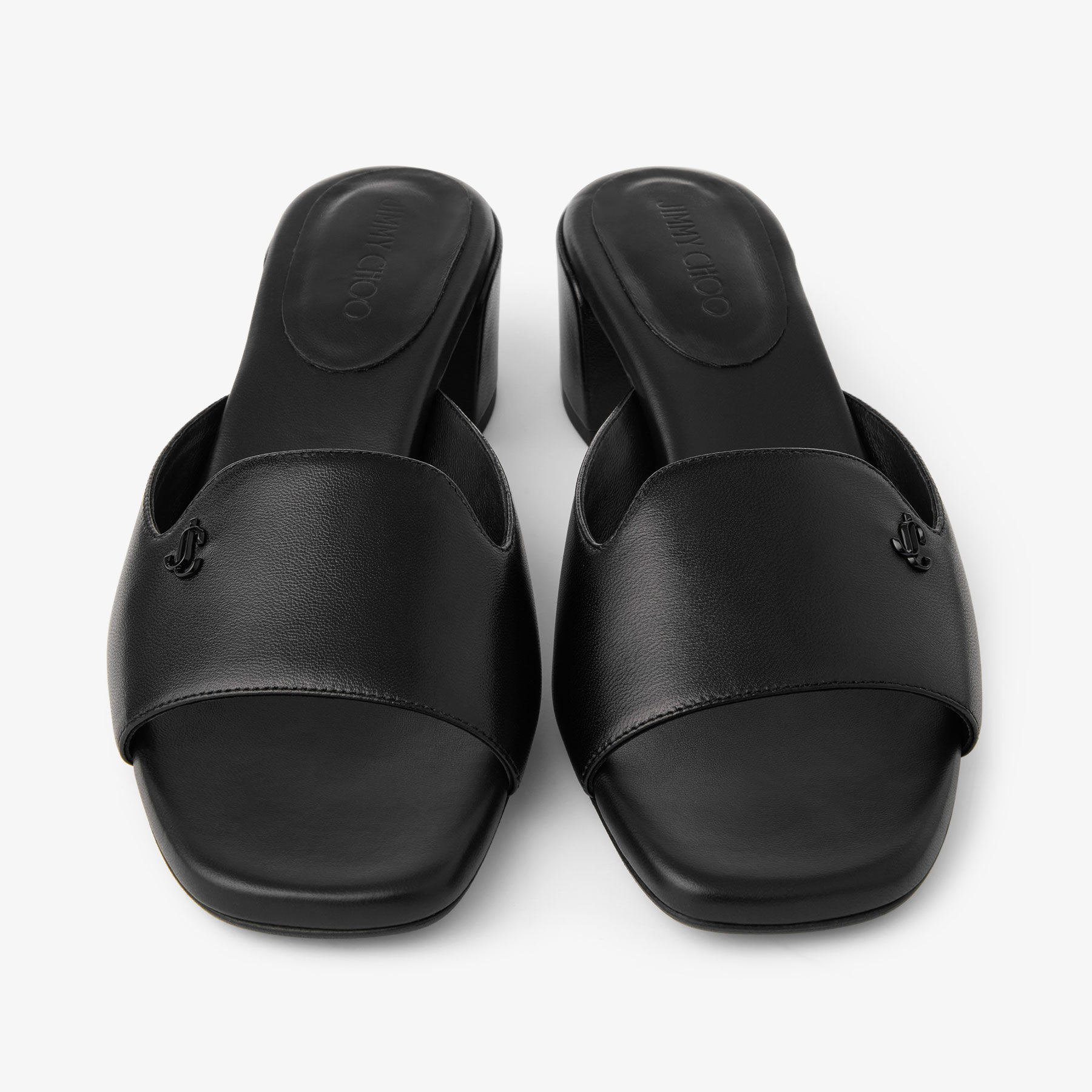 サンダル・ミュール Jimmy Choo Black Nappa Leather And Satin Dila 35 Mules Dila 35 |Black Leather Mule Sandal with Woven Satin Crystals