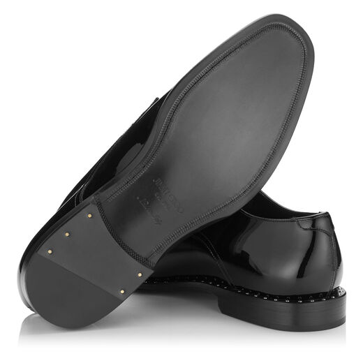 JIMMY CHOO PENN Black Patent Lace Up Shoes with Steel Stud Detail