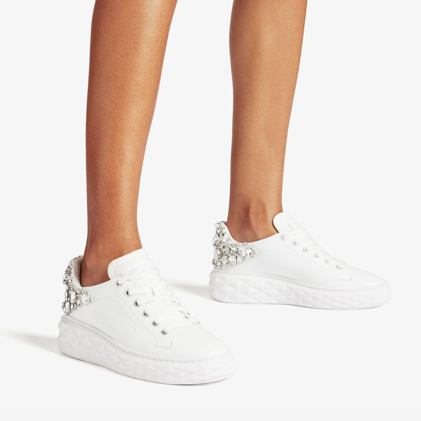 Diamond Maxi/F Ii | White and Silver Nappa Leather Trainers with Crystals |  New Collection | JIMMY CHOO