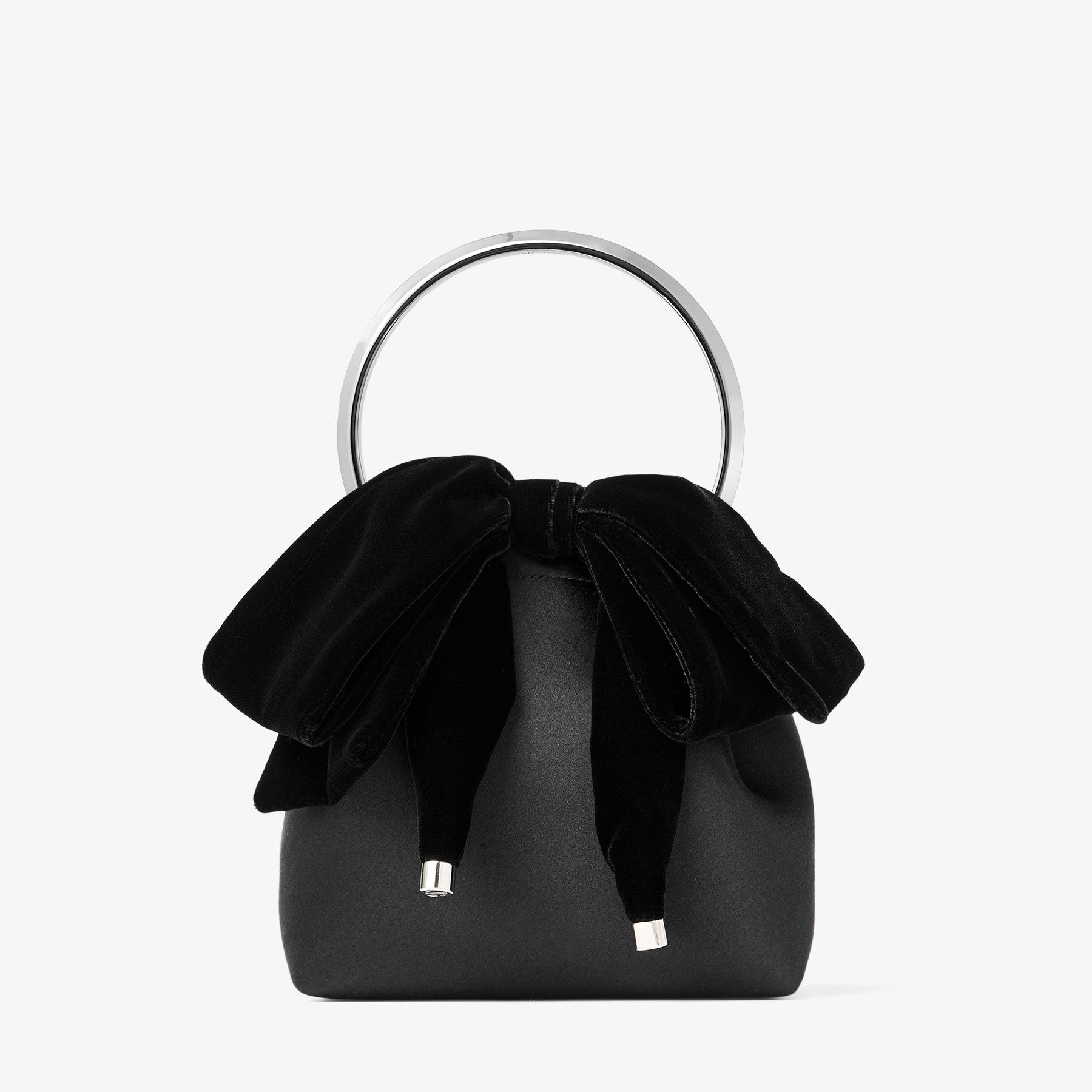 Bon Bon | Black Satin Bucket Bag with Velvet Bow | JIMMY CHOO
