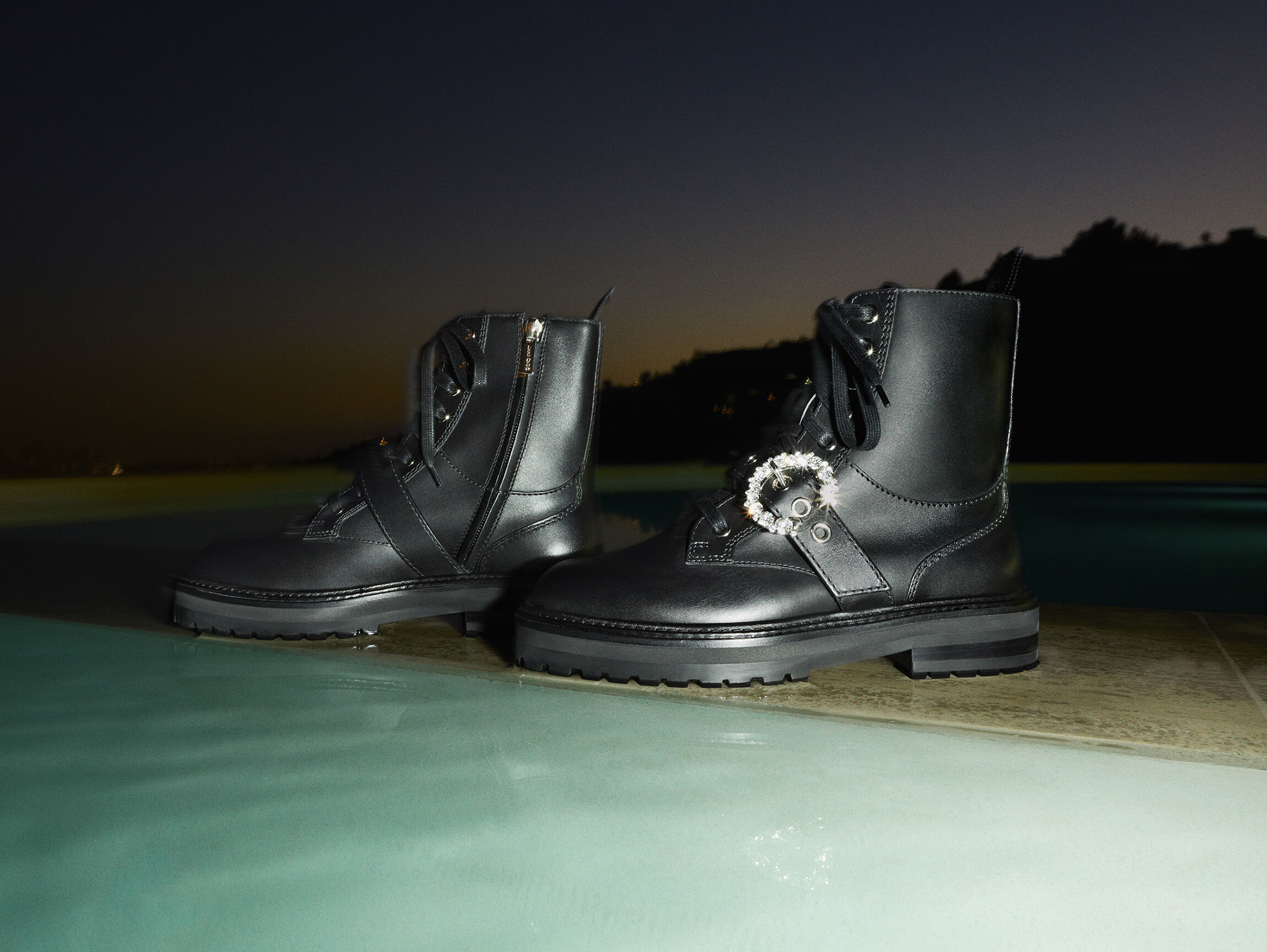 Black Soft Calf Leather Combat Boots with Crystal Buckle | CORA Black Soft Calf Leather Combat Boots with Crystal Buckle | CORA