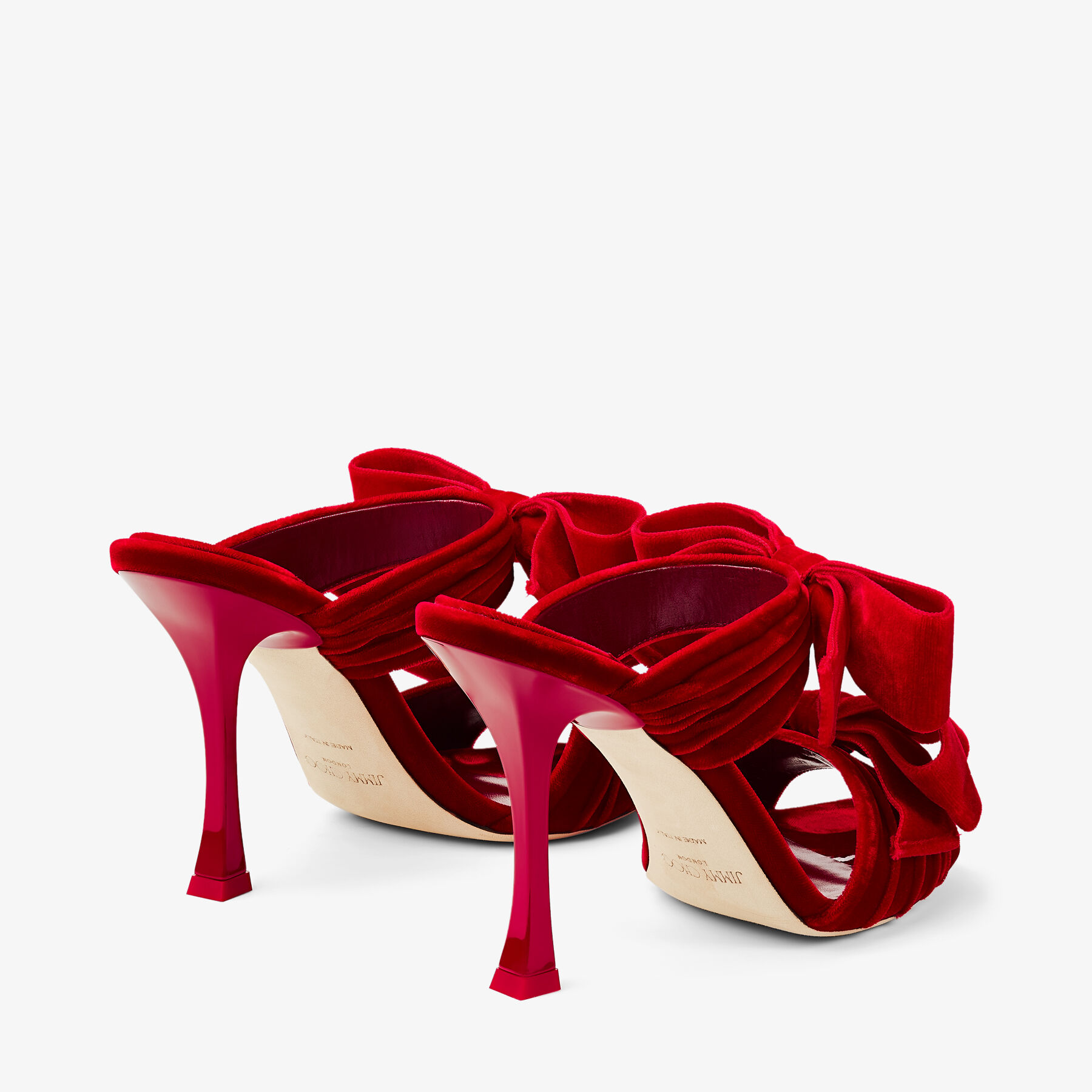 JIMMY CHOO 関税込み Flaca 100 satin mules Flaca Sandal 100 | Red Velvet Mules with Bows | JIMMY CHOO