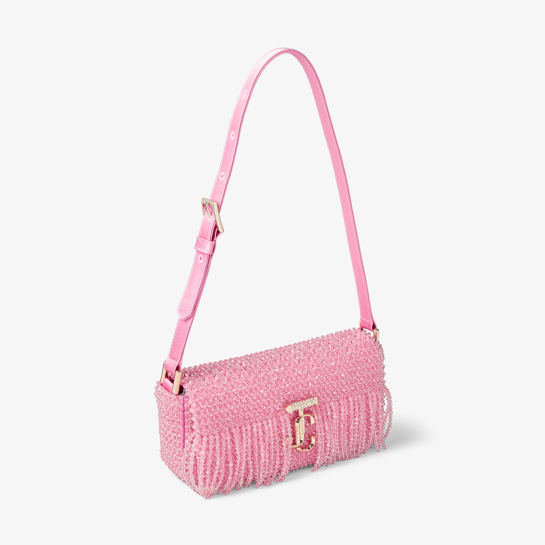 AVENUE MINI SHLDR | Candy Pink Satin Mini Shoulder Bag with Crystal Fringe  | Summer Collection | JIMMY CHOO