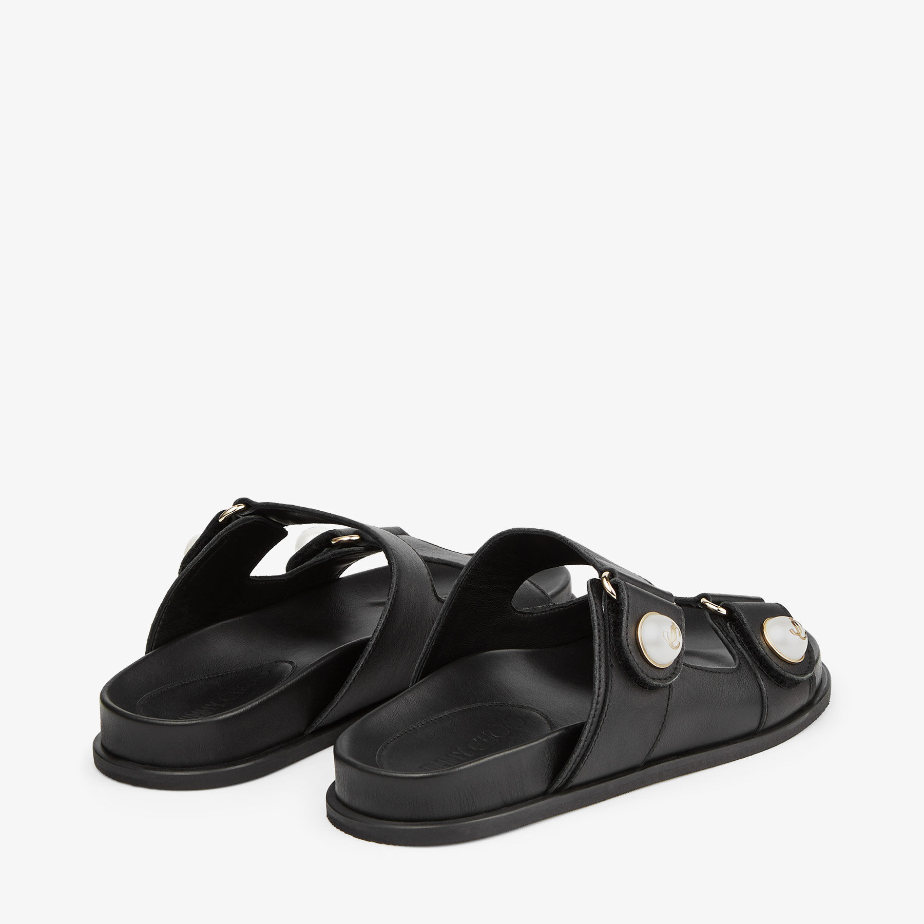 FAYENCE SANDAL | Black Leather Flat Sandals with Pearl Embellishment |  Summer Collection | JIMMY CHOO