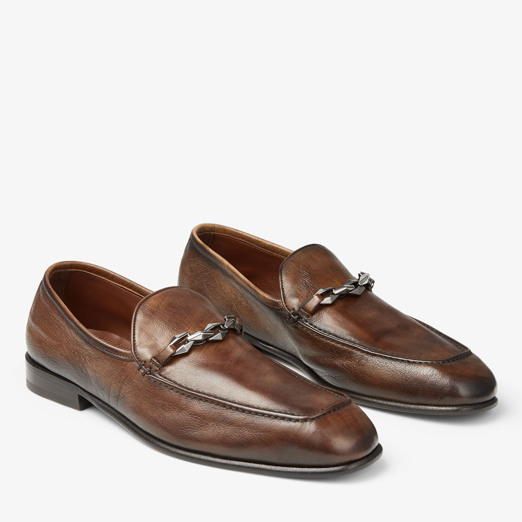 MARTI REVERSE Dark Tan Buffalo Leather Loafers with Chain Embellishment Summer Collection JIMMY CHOO