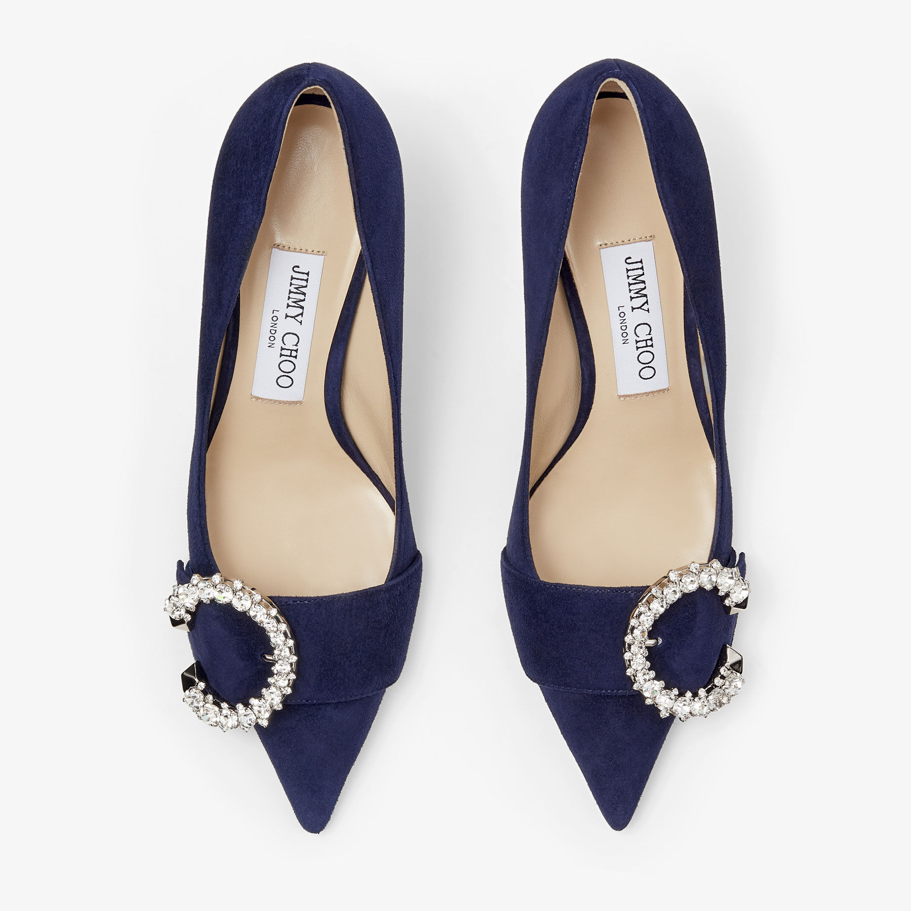 Melva 70 | Navy Suede Pointed-Toe Pumps with Crystal Buckle | JIMMY CHOO