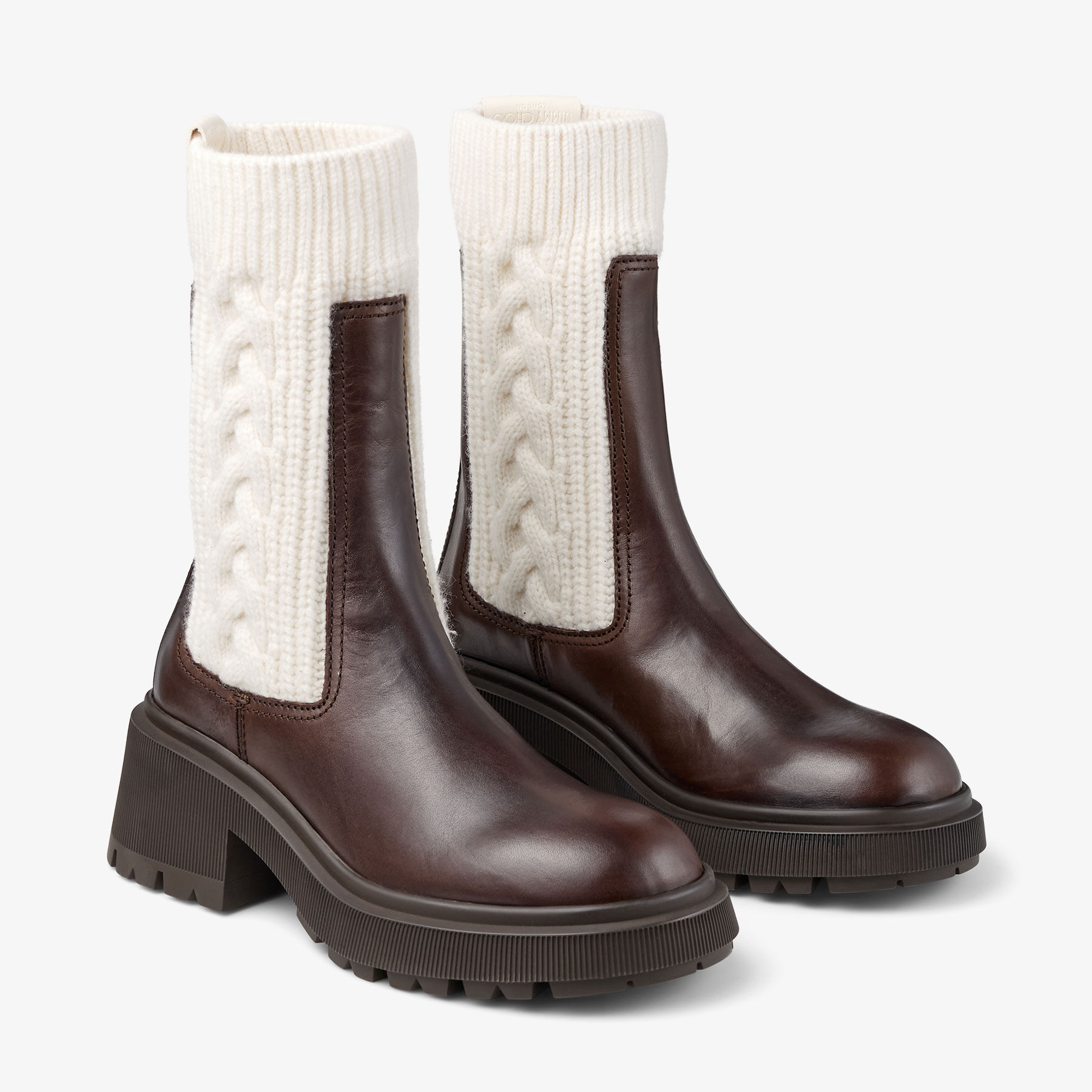 Jimmy Choo ブラウン エンジニアブーツ Tamia Flat | Chocolate Shiny Calf Leather Ankle Boots with Cable