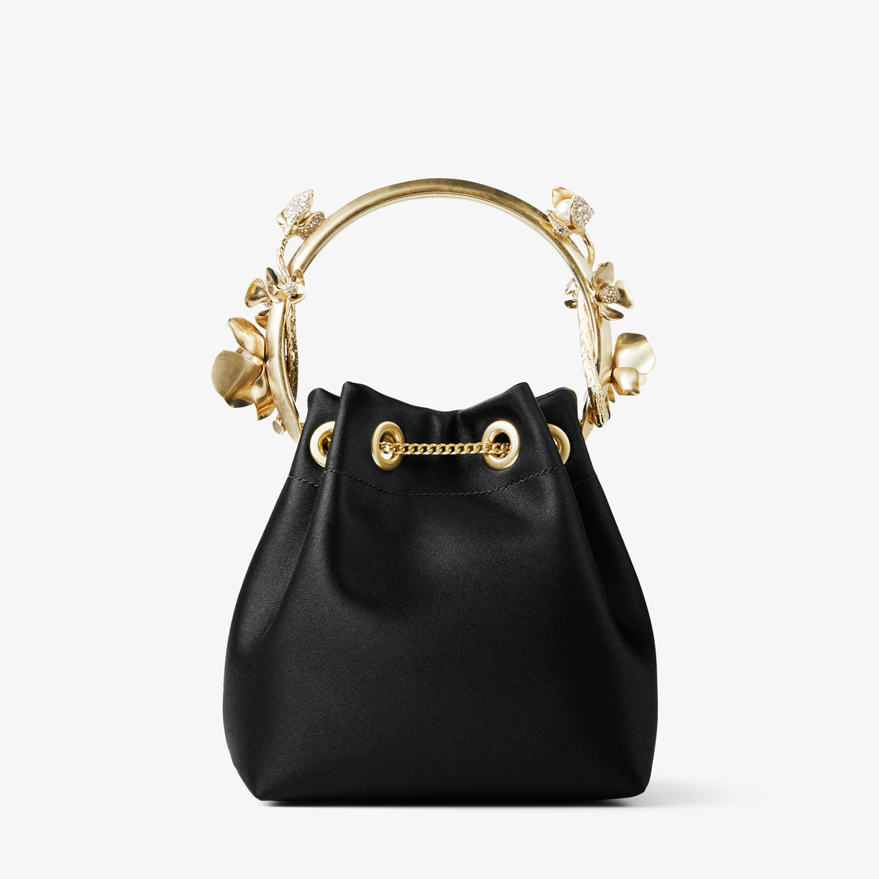 トートバッグ Jimmy Choo 'Bon Bon' bucket bag (BONBONGIK BLACKLIGHTGOLD) Bon Bon | Black Satin Bucket Bag with Metal Flowers | JIMMY CHOO