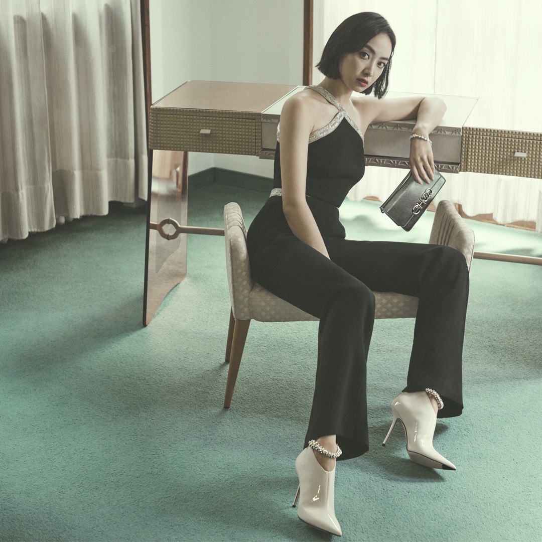 Victoria Song Qian wearing Jimmy Choo SIDNEY bag and BLAIZE booties