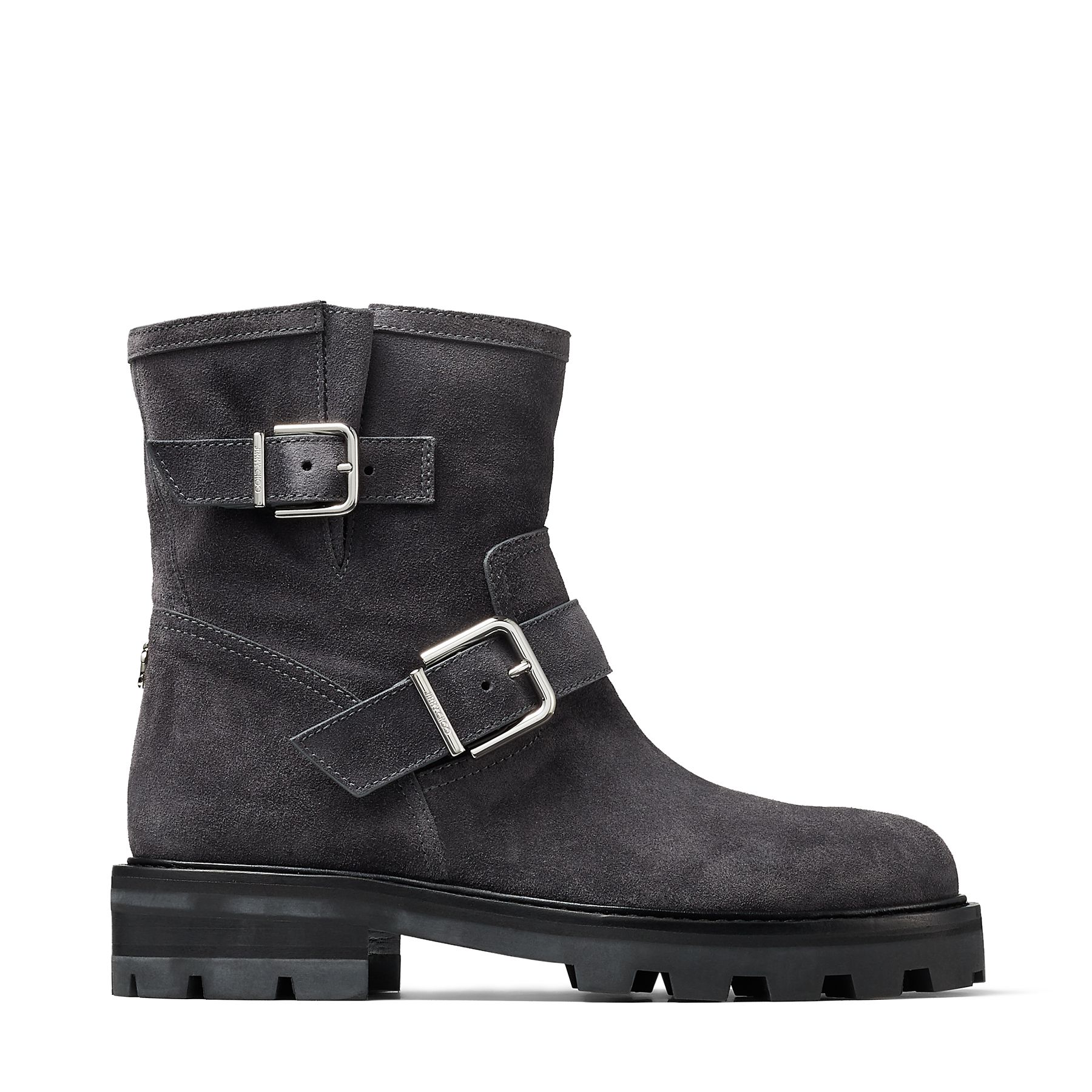 Dusk Suede Biker Boots With Silver Buckles Youth Ii Autumn Winter 2020 Jimmy Choo Jimmy choo ambre 100 dark blush suede slingback heels with ostrich feather and crystal trim. jimmy choo