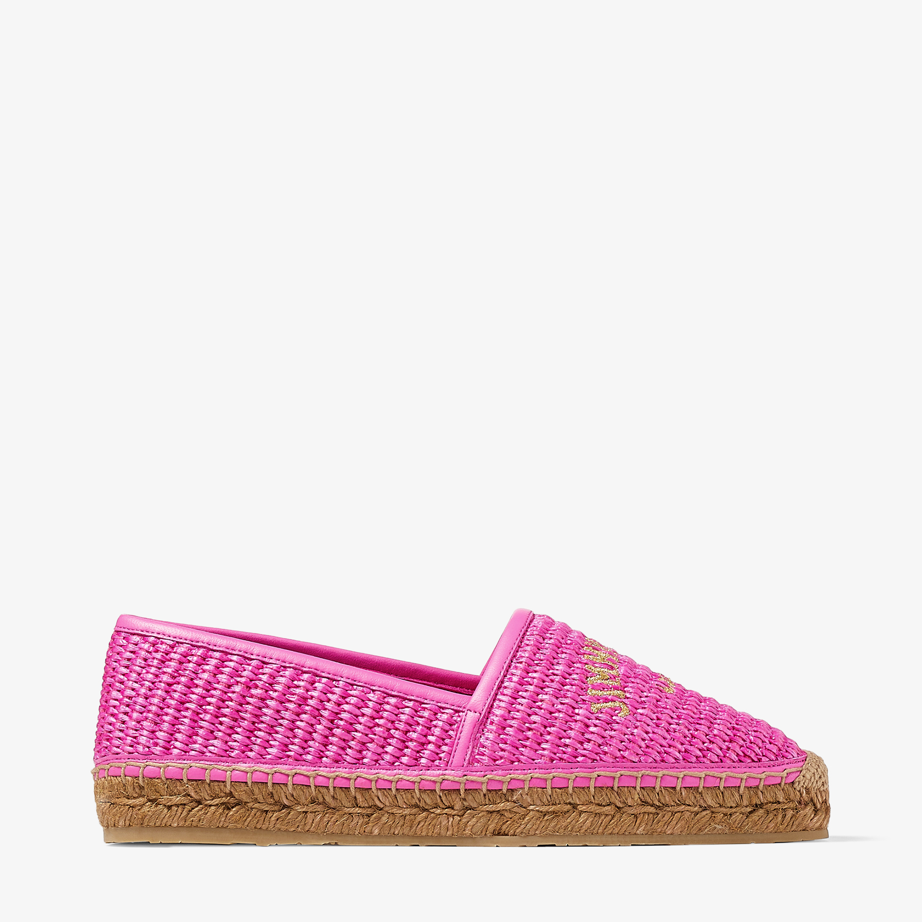 Jimmy Choo Brie Raffia Embroidered Logo Espadrilles In Fuchsia/gold