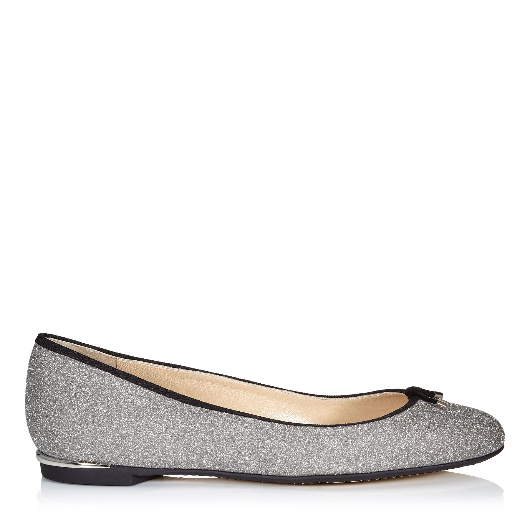 Jimmy Choo Jennie Flat Silver Fine Glitter Leather Round Toe Pumps
