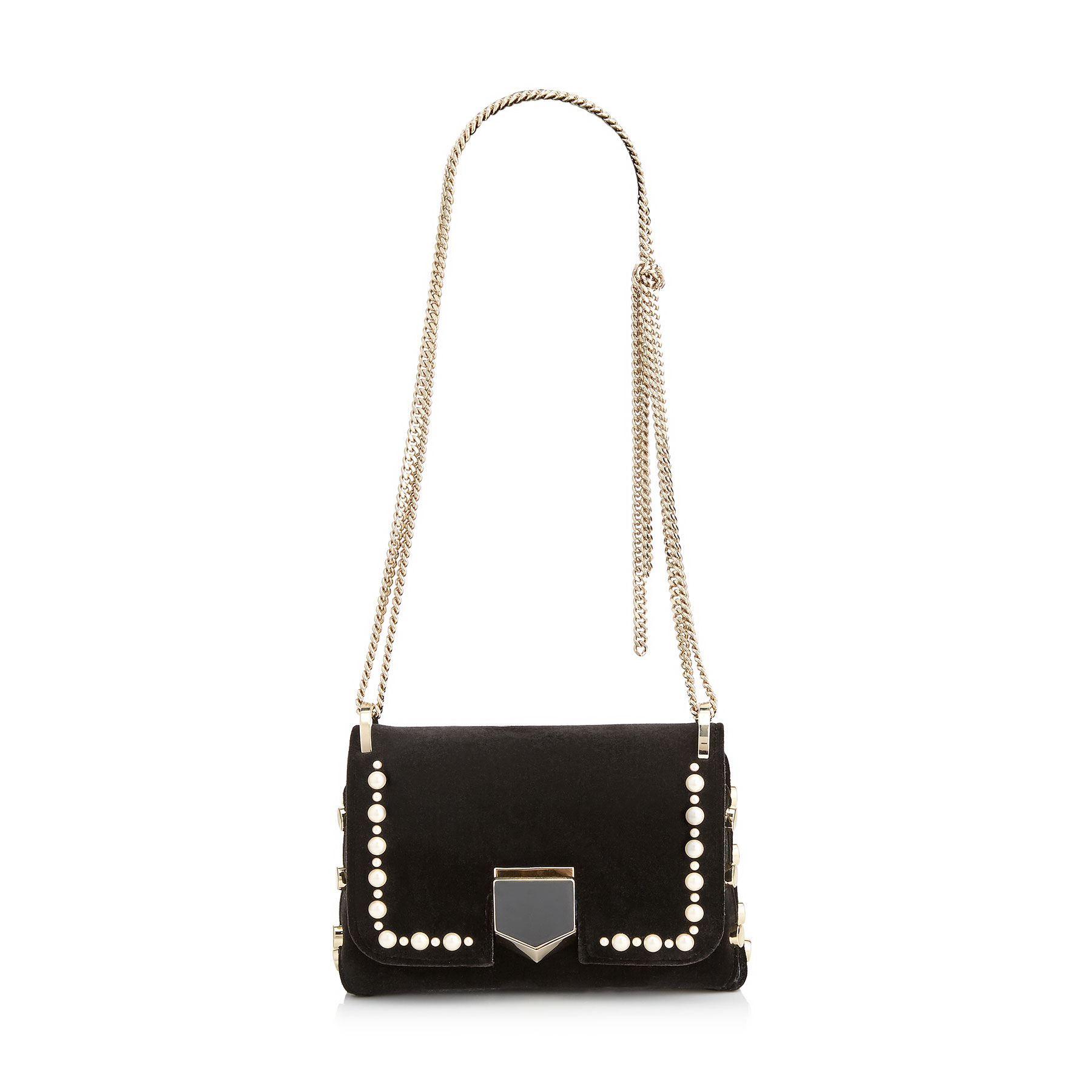 Shop Jimmy Choo Lockett Mini Black Velvet Mini Cross Body Bag With Pearl Studs In Black Mix