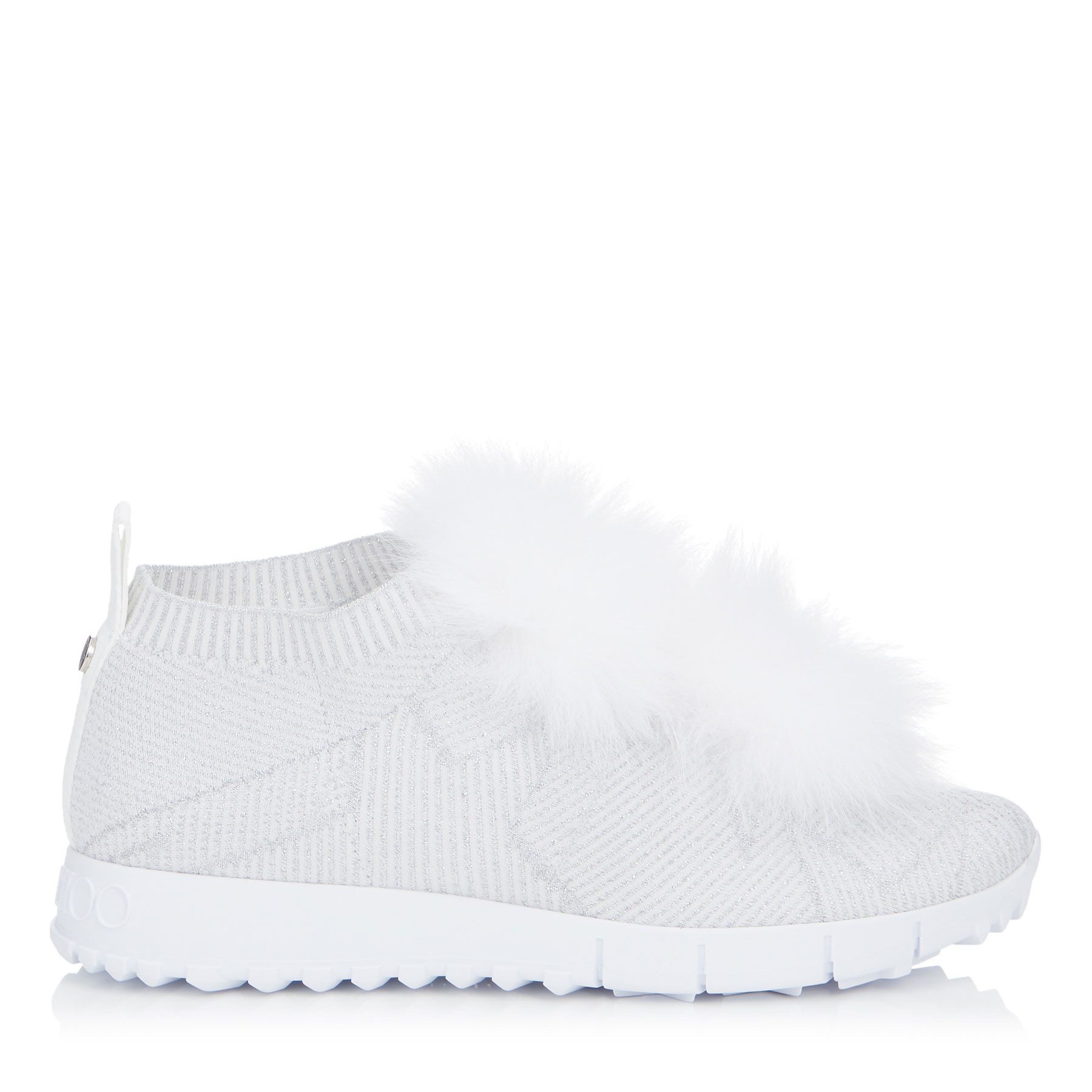 Jimmy Choo Norway Metallic Sneakers With Fur Trim In White/white