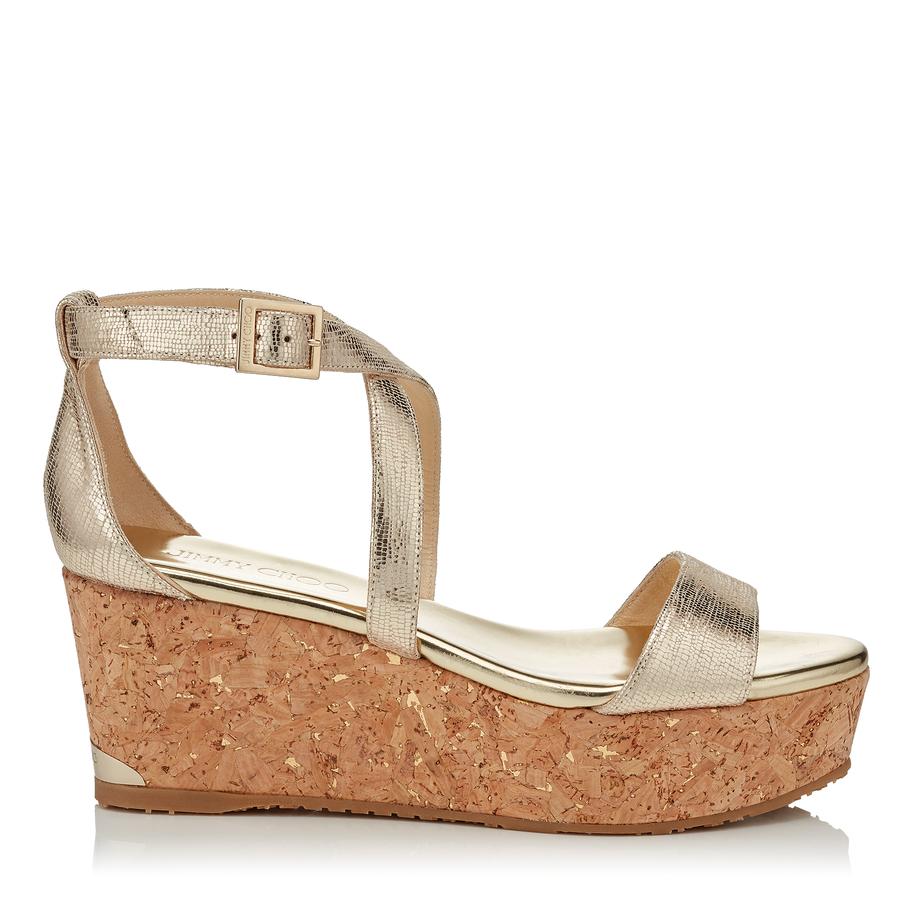 PORTIA 70 Gold Metallic Printed Leather Wedge Sandals with Metallic ...