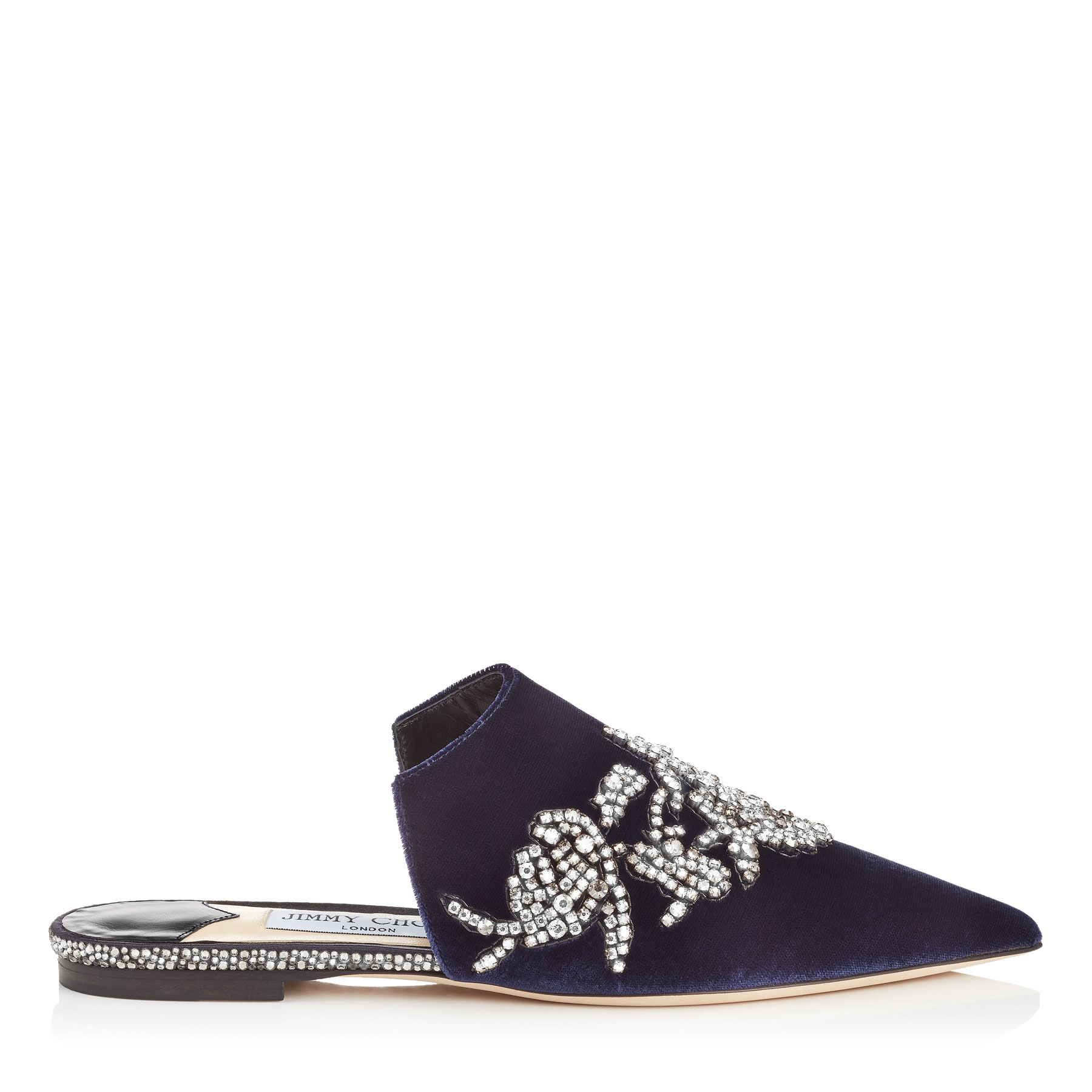 JIMMY CHOO RACHEL FLAT Navy Velvet Mules with Peony Crystal Embroidery,RACHELFLATVWI S